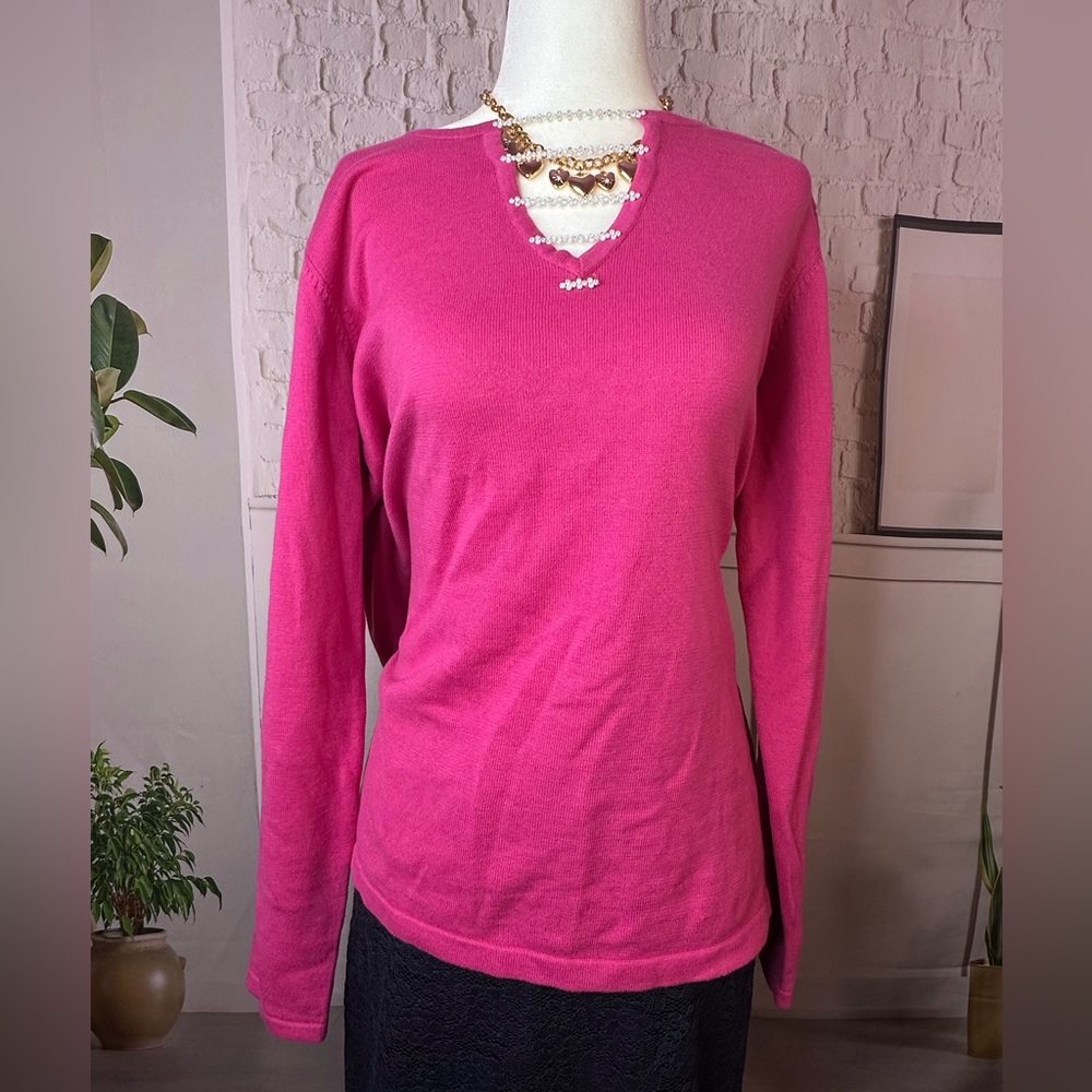 Quacker Factory Hot Pink V-Neck Long Sleeve Top‎ med